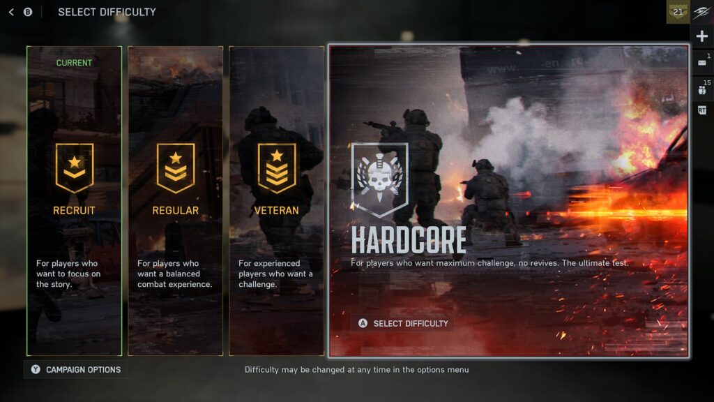 Battlefield, difficulty selection